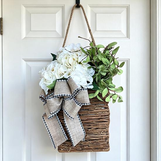 Faux Hydrangea Door Hanger Basket Wreath Spring Summer Artificial Flower in Wicker Basket with Bow Front Door Hanging Flower Basket for Home Farmhouse