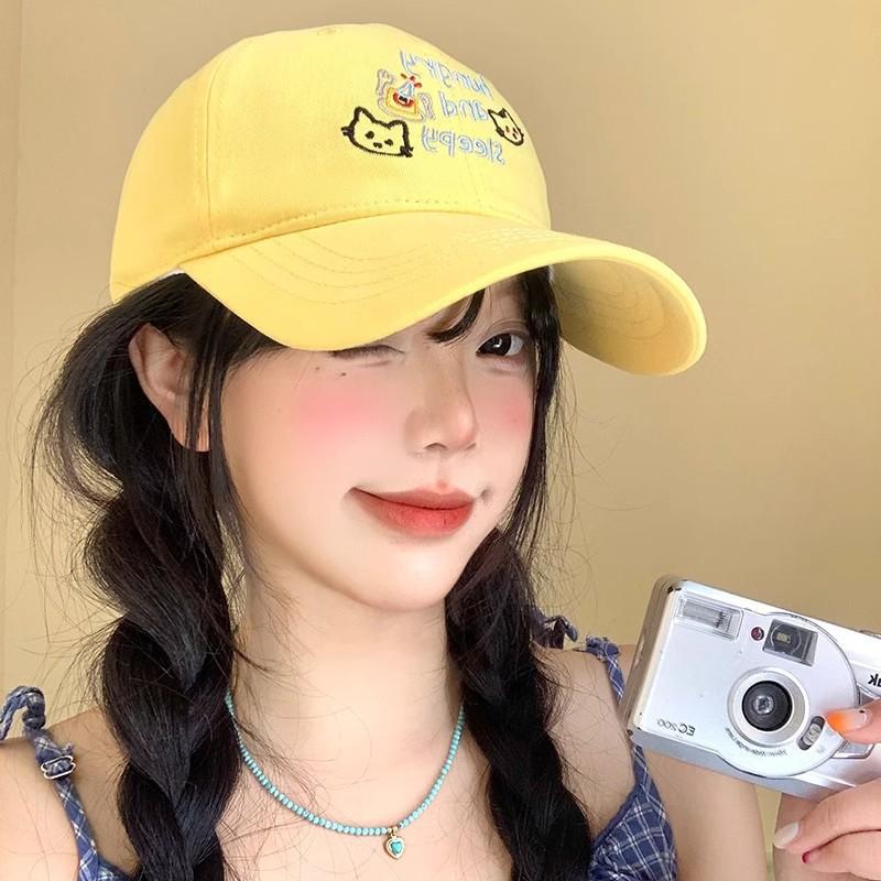 Cat Letter Embroidered Baseball Hat for Women In Spring and Summer Wide Hat Big Brim Big Face Showing Small Duckling Cap Big Head Sun Hat