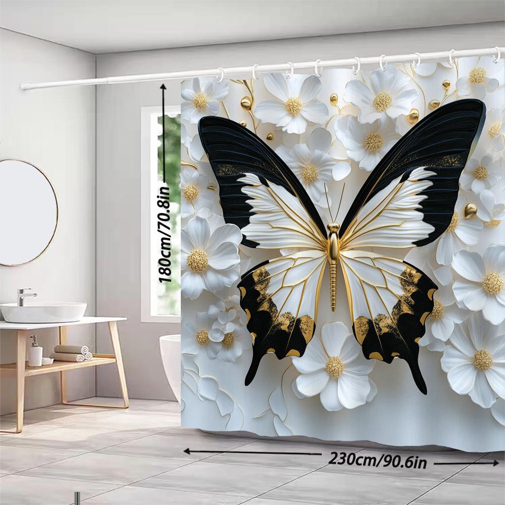 3D Shower Curtain White Butterfly Printed Polyester Fabric Bathroom Curtain Flowers Bath Screen Home Decoration Curtain