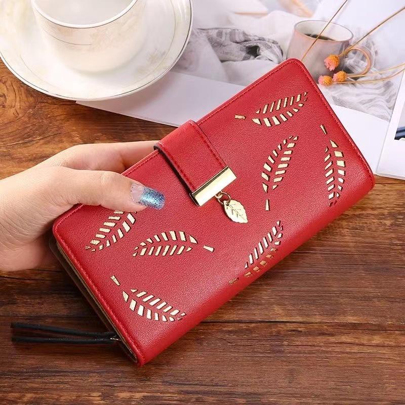 2023 New Ladies Wallet Hollow Leaf Pattern Pu Leather Zipper Closure Long Card Holder