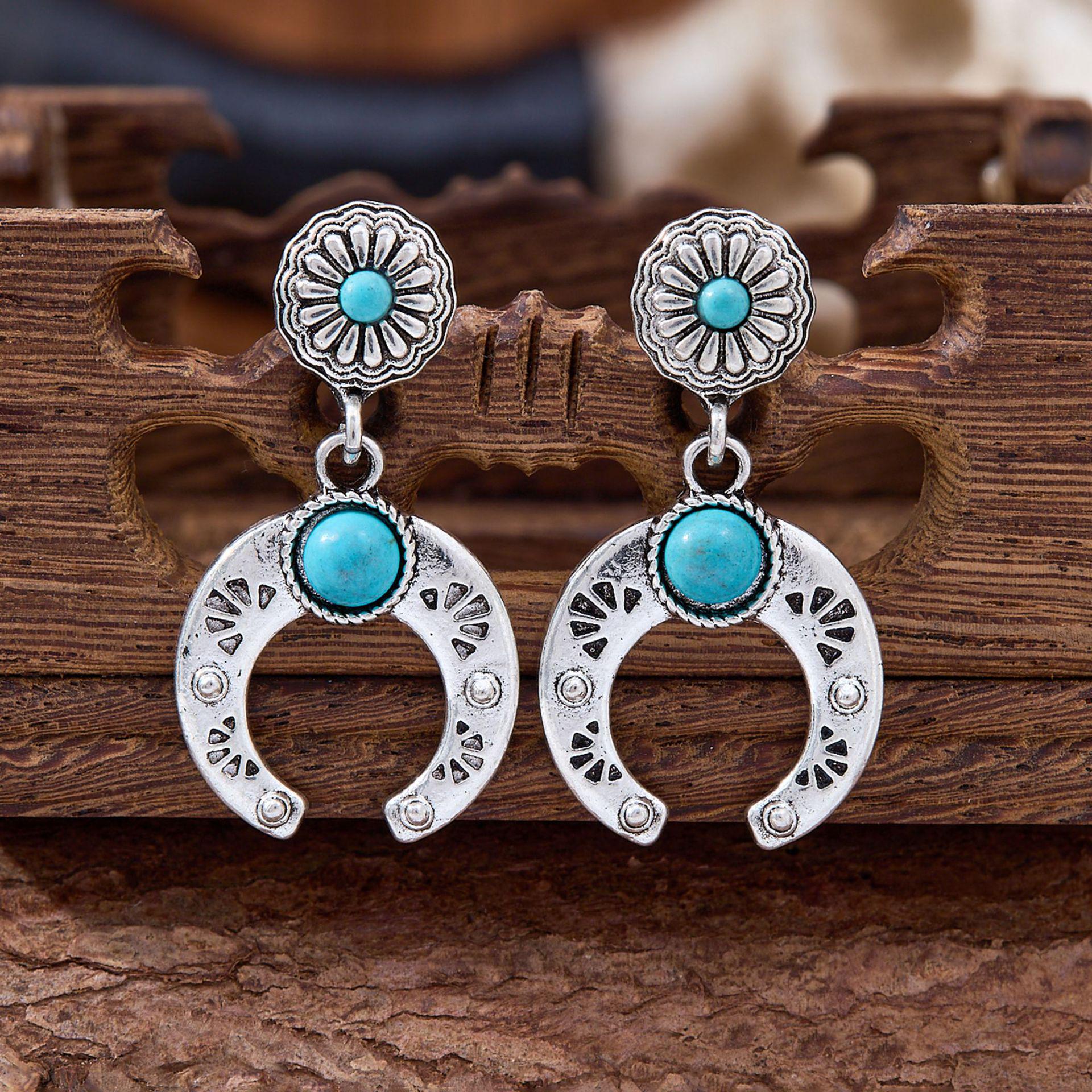 Retro Bohemian Western-Style Horseshoe Turquoise Dangle Earrings античный серебряного