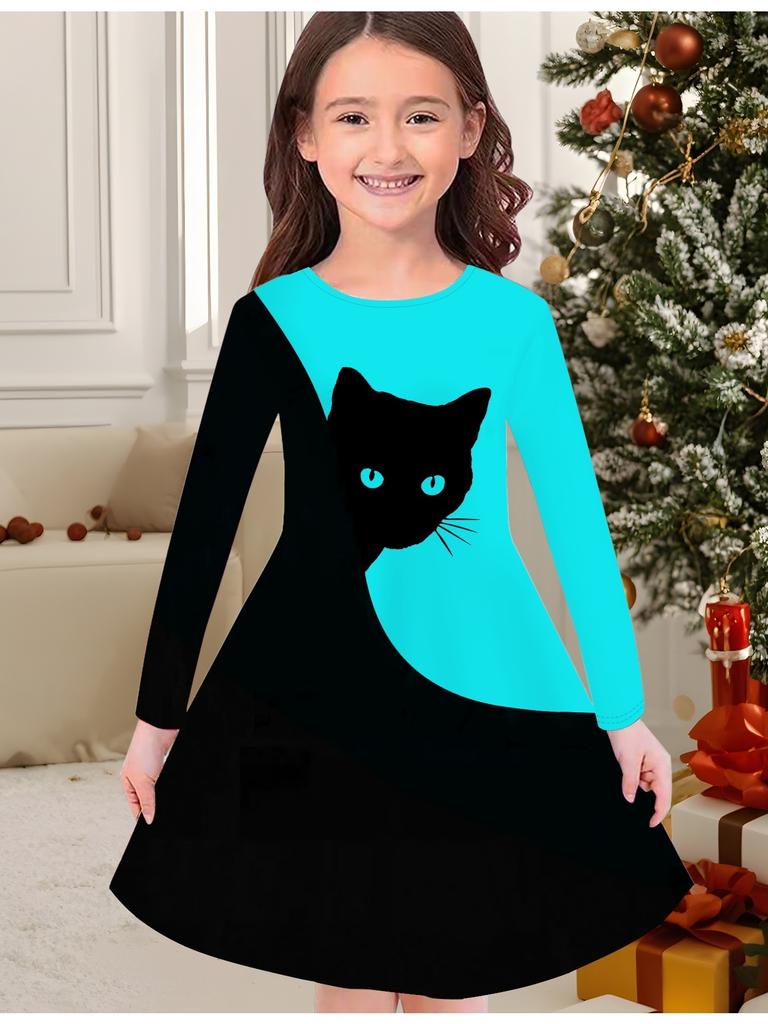 Girls' Autumn and Winter Fashion Dress, 3D Cat Print  Round Neck Long Children's T-shirt Dress, Casual Versatile, Christmas Clothing