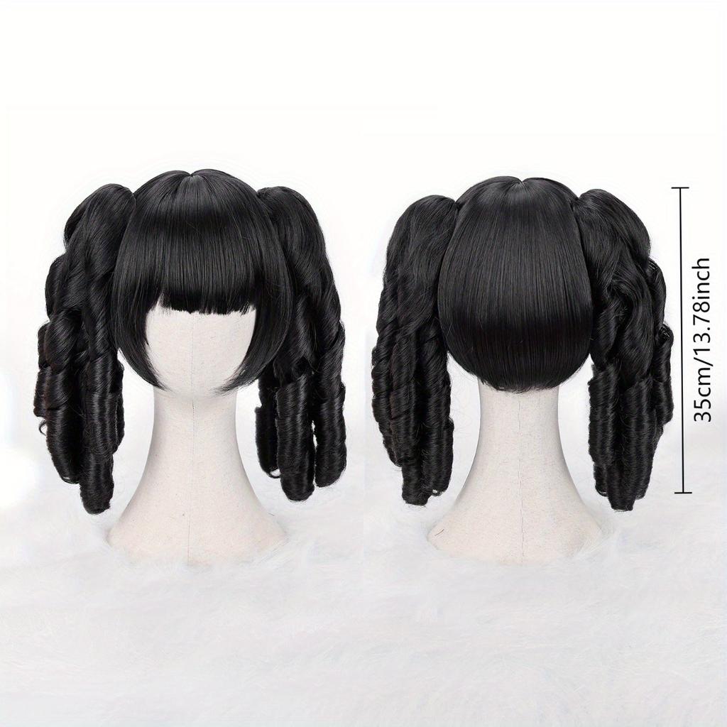 Black Double Braided Ponytail Wig Slant Bangs Spiral Curly Fluffy Layered Glossy Soft Synthetic Cosplay Anime