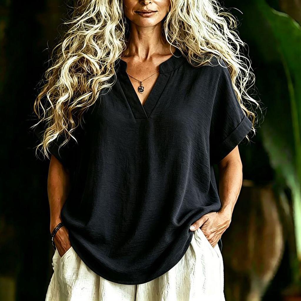 Women's Fashionable Casual V-neck Short-sleeved Loose-fitting Shirt T-shirt