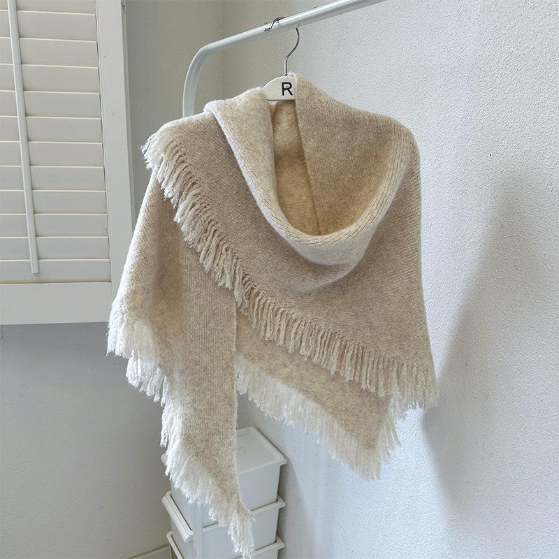 Autumn and Winter High-end Korean Versatile Fringes Thickened and Warm with Triangle Scarves, Knitted Wool Scarves, Shawls
