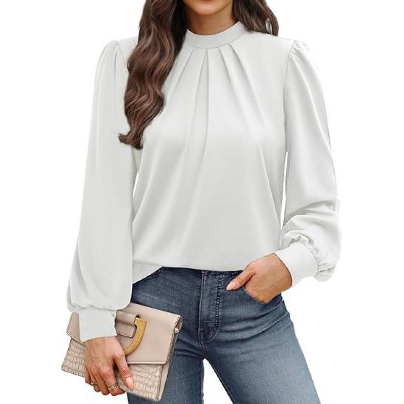 Spring Autumn Stand Collar Loose Casual Elegant Pullover Blouse Women Long Sleeve Solid Color Folds Shirt Top