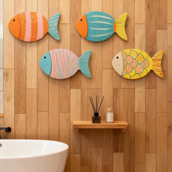 4 Pcs Wood Fish Nautical Beach Wall Decor Coastal Ocean Theme Wooden Fish Wall Art Rustic Lake House Wall Sculpture for Living Room Bedroom Bathroom