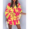 Mini Abito Casual Estivo con Coulisse e Laccetti Stampa alla Moda Maniche a Pipistrello Abito da Spiaggia Sexy Bottoni Scollatura a V Copricostume da Donna per Feste