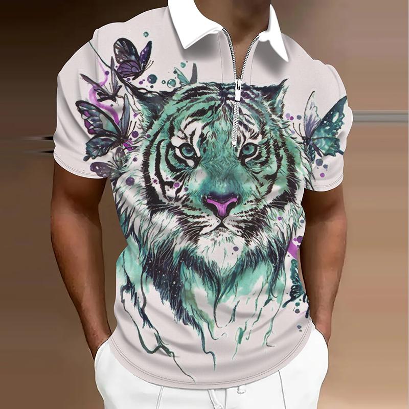 Men's  Shirt Polo Casual Zip Short Sleeve Fashion Casual Zipper Summer Spring Regular Fit 3D Tiger Print Shirt