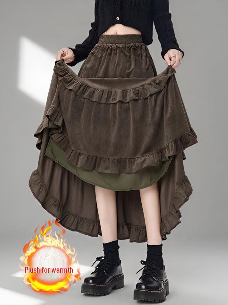 Women's 2026 A-Line Layered Velvet Umbrella Skirt with Elastic Waist - Mid-Length, In Stock
