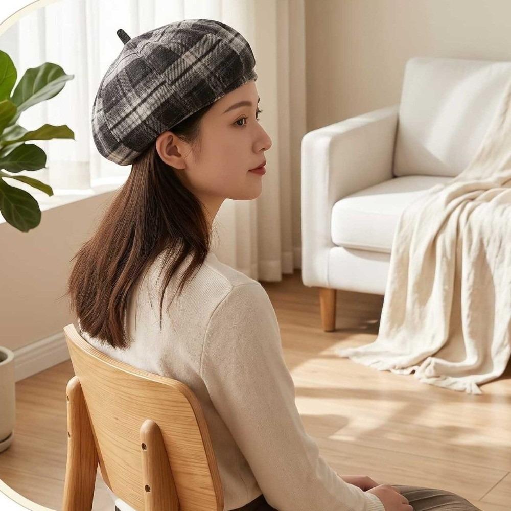 Japanese Style Plaid Beret Soft Newsboy Hat Breathable Octagonal Hat Girls