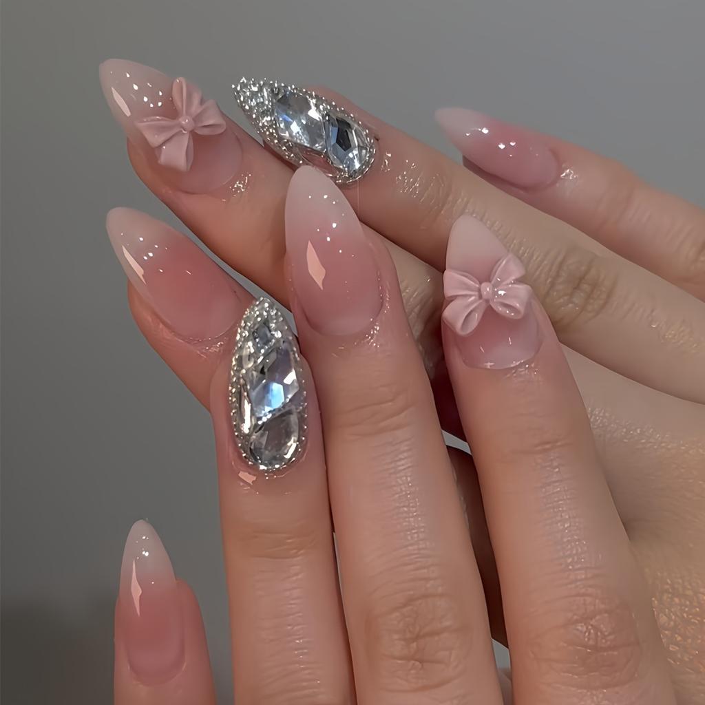 24Pcs French Almond Press On Nails White Pink Glossy Bowknot Camellia Butterfly Decor Sweet False Nails