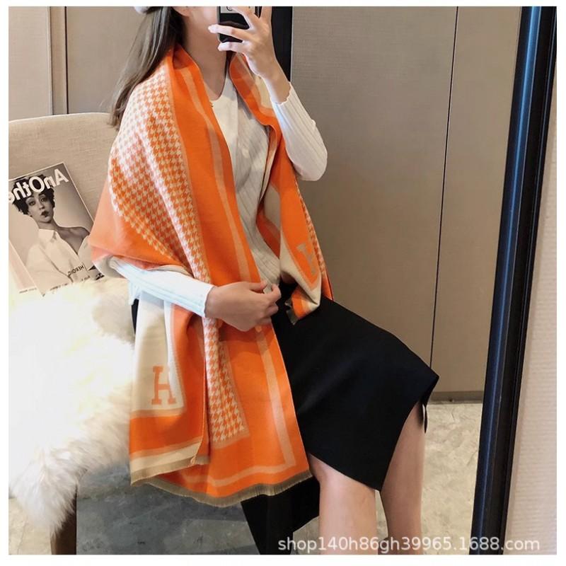 Premium Double-Sided Jacquard Houndstooth Scarf Wrap Women Winter Fall Warm Cotton Blend Shawl 185x70cm