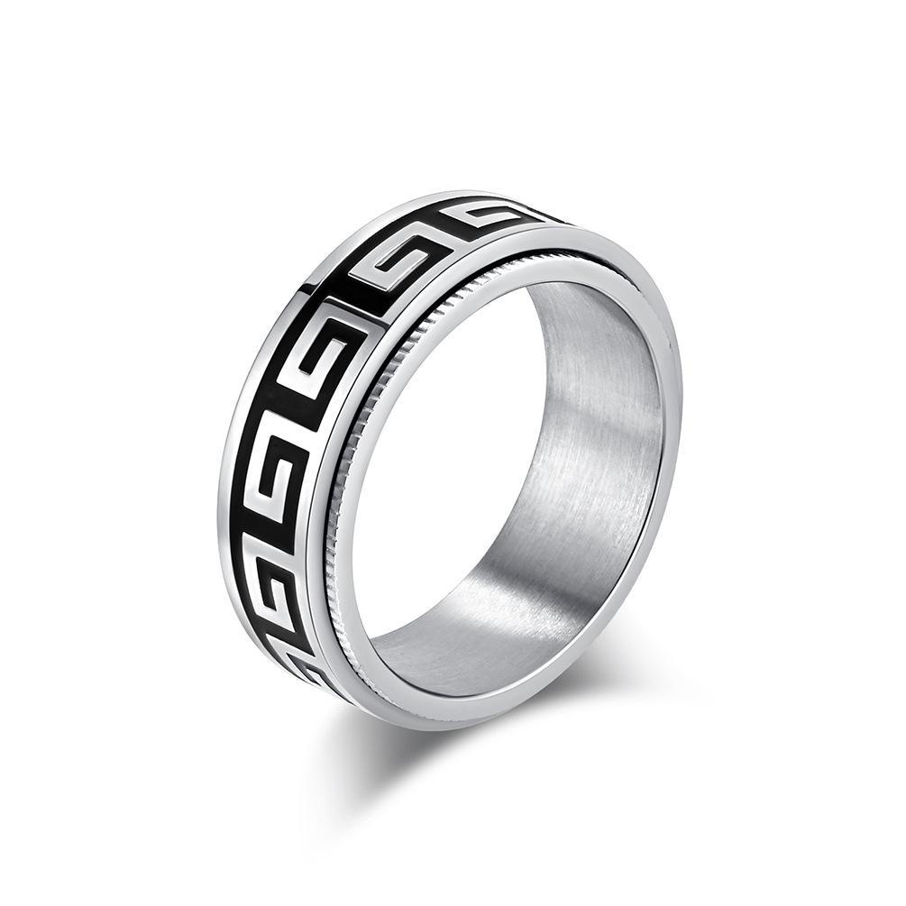 Rotatable Retro Great Wall Pattern Titanium Steel Ring Men s Back Pattern Decompression Ring 7#