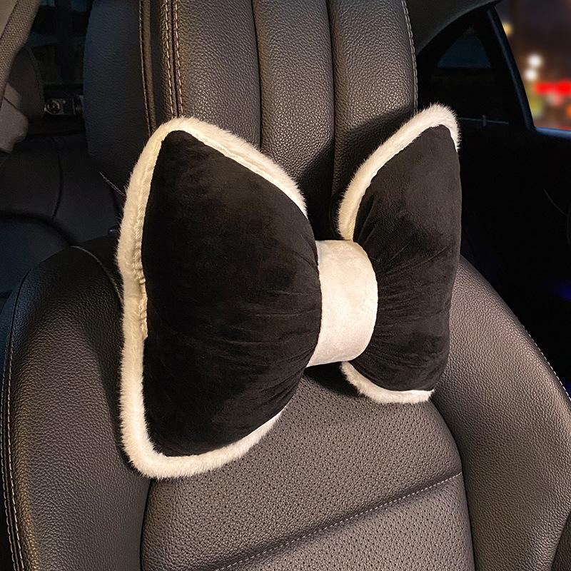Car Seat Cushion Winter Warm Thick Plush Bow Tie Car Seat Cover Pad Universal Seat Supports Lumbar Support Pillow Car Headrest