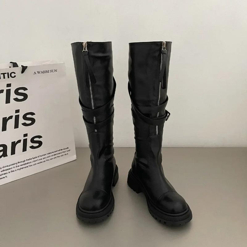 fashion Gothic Thigh High Boots Women Winter Long Boot New Fashion Front Zipper Square Heel Knee-High Botas Ladies Motorcycle Boots