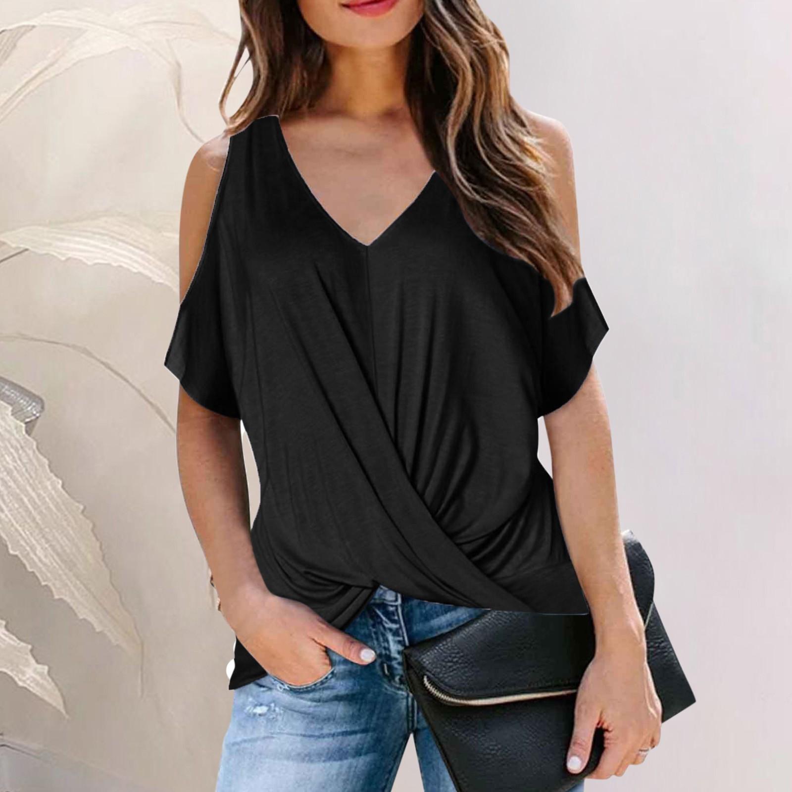 Women s Casual Color Print Slim Fit Sexy Pullover Off Shoulder V-Neck Top M чёрный