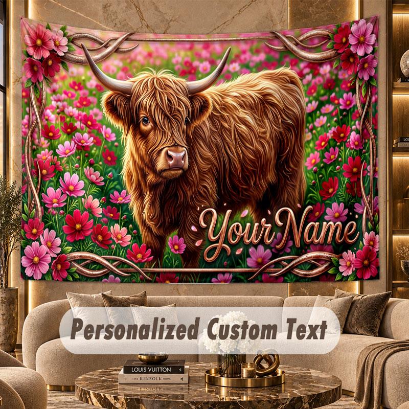Highland Cow (202) Theme Personalized Tapestry Custom Name Text Wall Hanging Tapestry Home Background Decoration