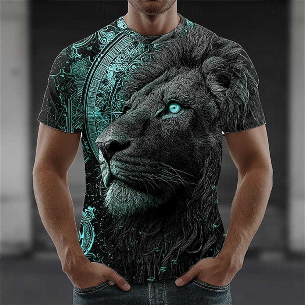 Men's Summer Crew-Neck T-Shirt with Cool Lion Print Casual Short-Sleeve Loose-Fit Pullover Fashionable Street Style for Men