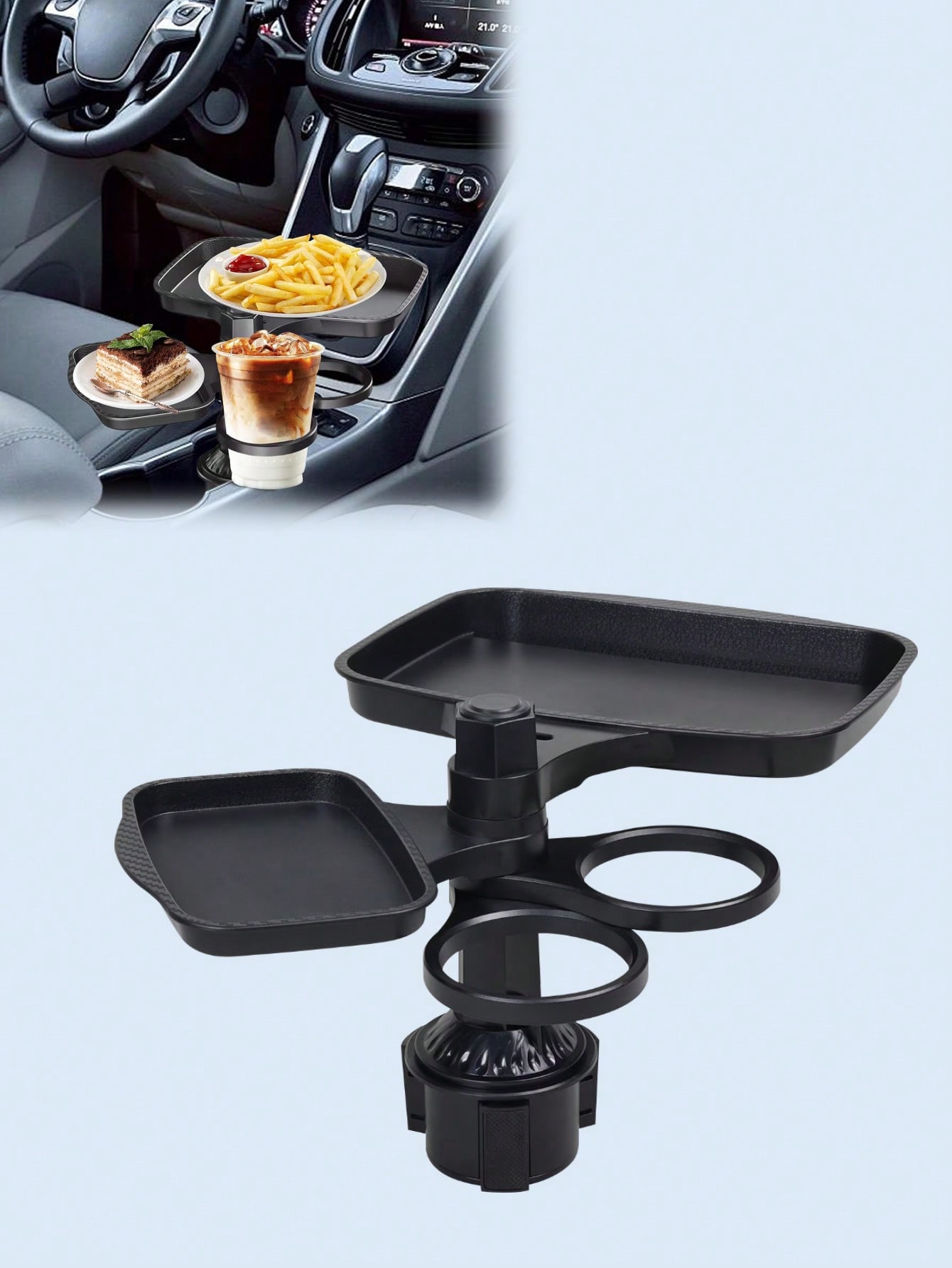 

360° Rotating Car Tray Table – Dual Cup Holders, Built-in Phone Stand, Foldable Snack Tray, Spill-Proof Food Platform чёрный