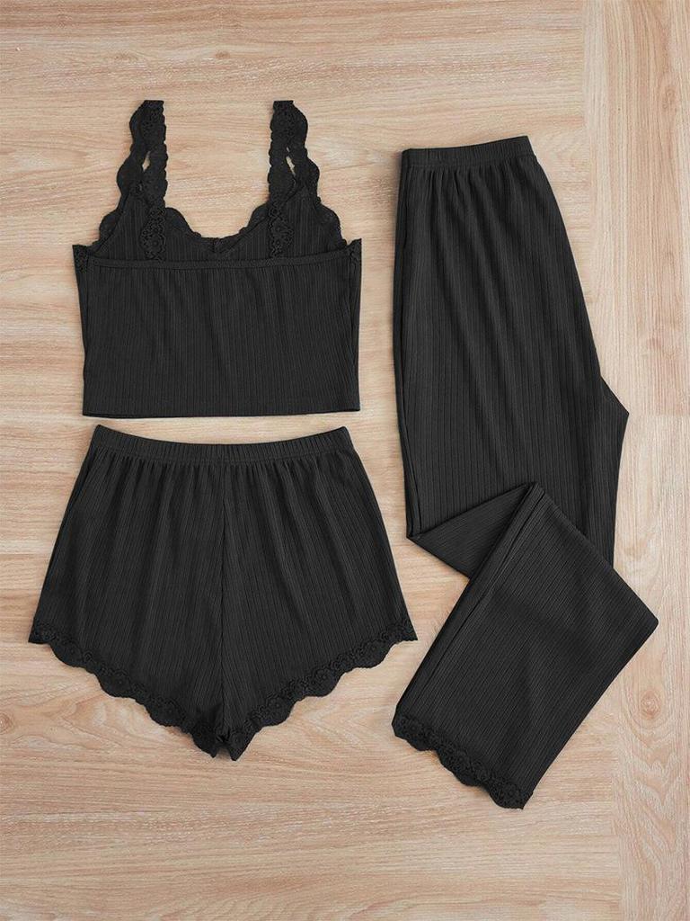 Summer Lace Trim Ribbed Tank Top & Long Pants Pajama Set - Women's Slim Fit Three-Piece