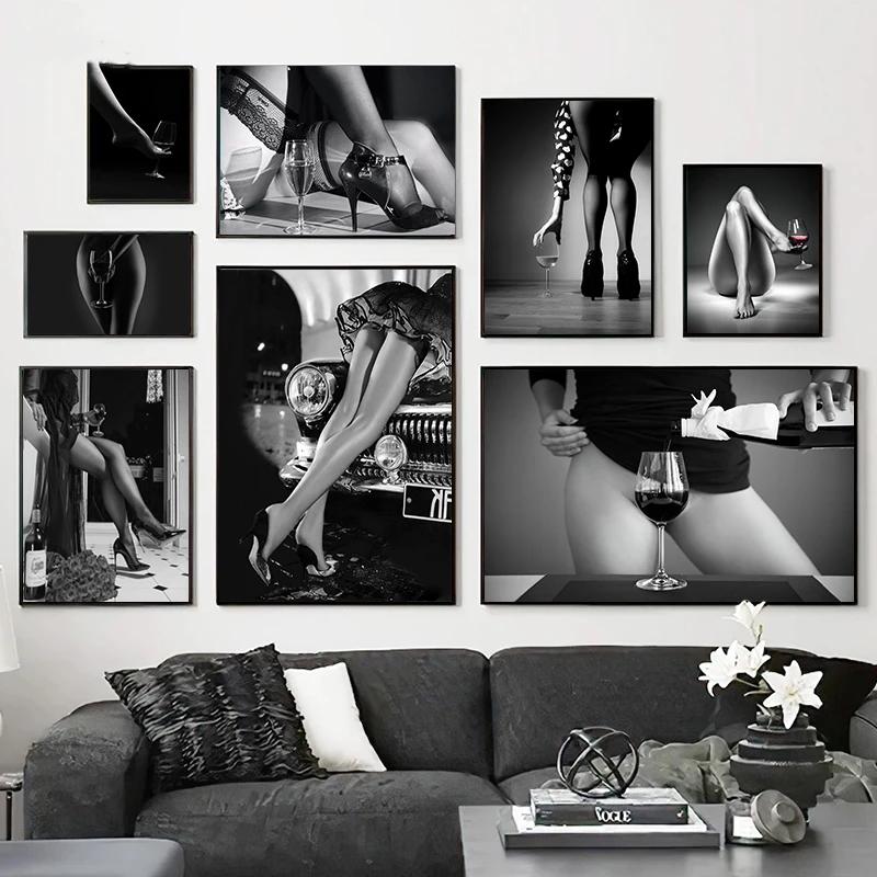 Black and White Retro Sexy Woman CanvasPainting Wine Car Silk Stockings Girls Print  Poster Flower Picture for Living Room Decor