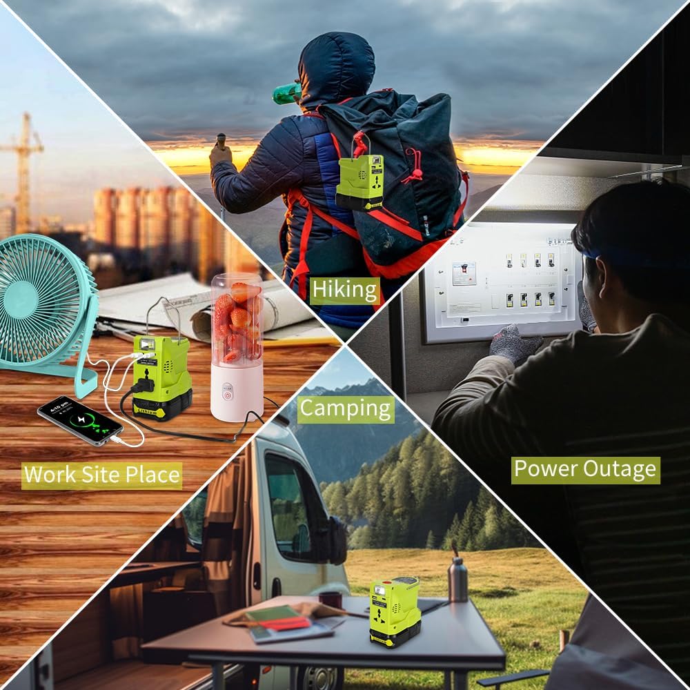 200W Wechselrichter Generator für Ryobi 18V Lithium-Akku, DC 18V zu AC 120V 220V Tragbare Power Station mit 280lm LED-Licht