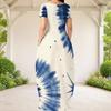 Women Plus Size Round Neck Short Sleeve Blue White Printed Loose Maxi Dress With Side Pockets
