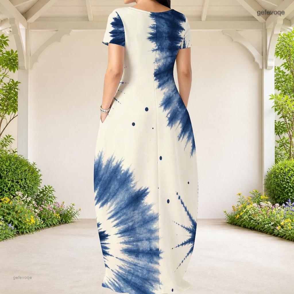 Women Plus Size Round Neck Short Sleeve Blue White Printed Loose Maxi Dress With Side Pockets