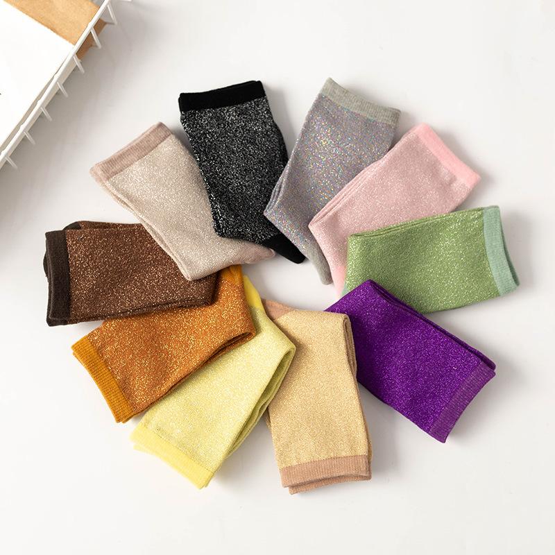 Colorful Japanese Style Metallic Thread Glitter Sparkle Crew Socks Shiny Pearl Black  Pink Cute Kawaii Gift Designer Christmas