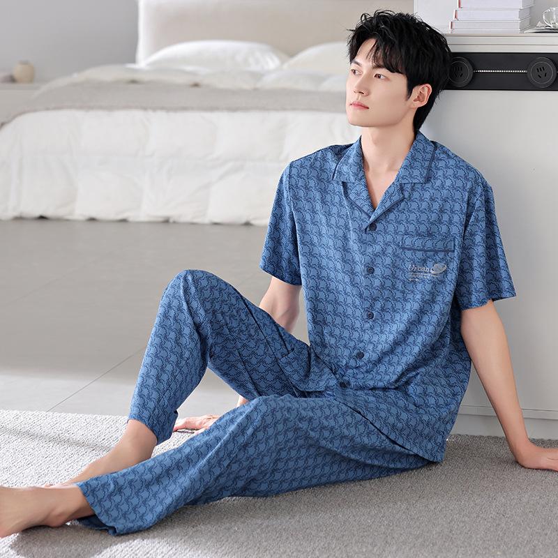 Pure cotton pajamas men's summer lapel short-sleeved trousers 1011 new thin suit men's summer casual loungewear