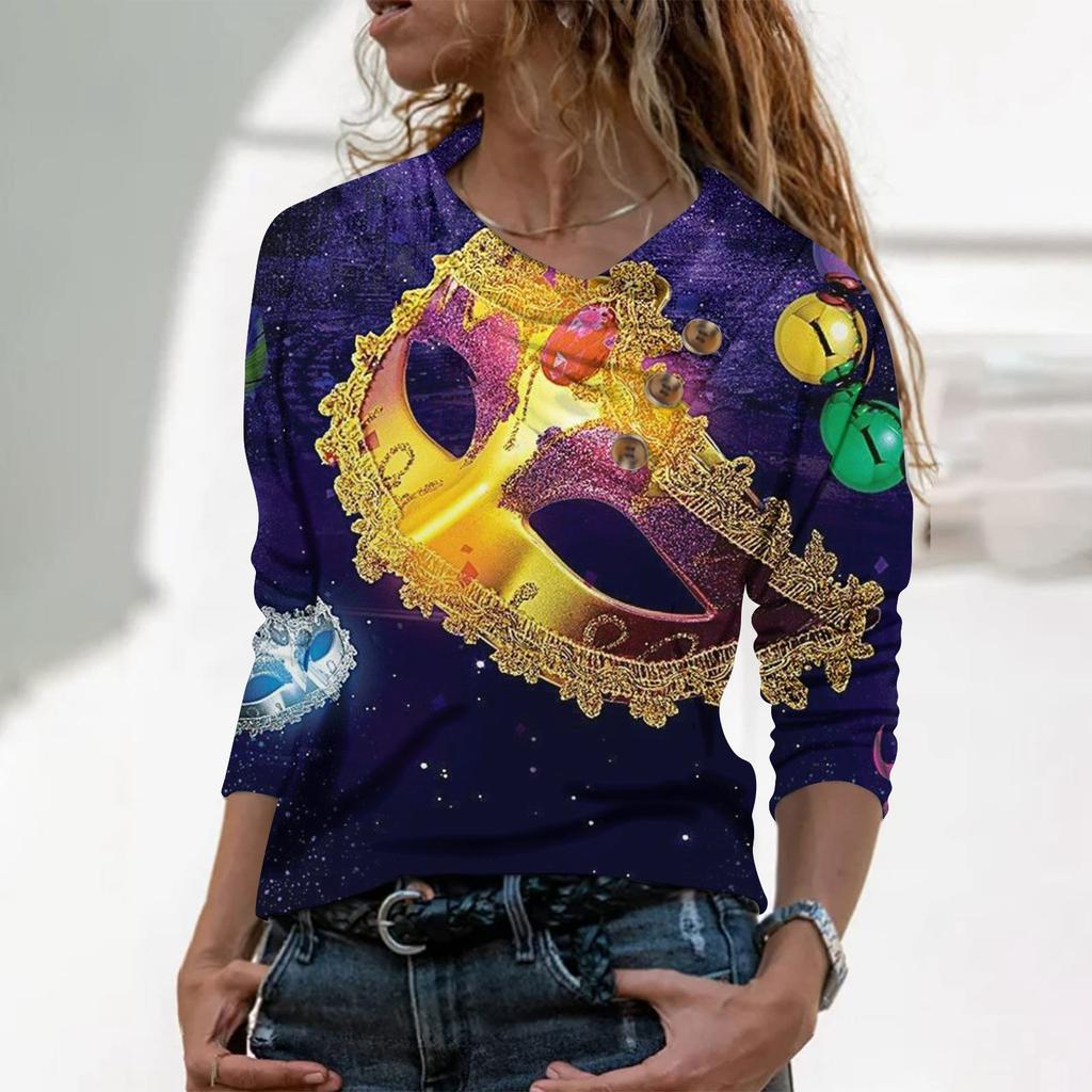 Women's Casual Button V-Neck Long Sleeved Shirt With Printed Fashion T-Shirt