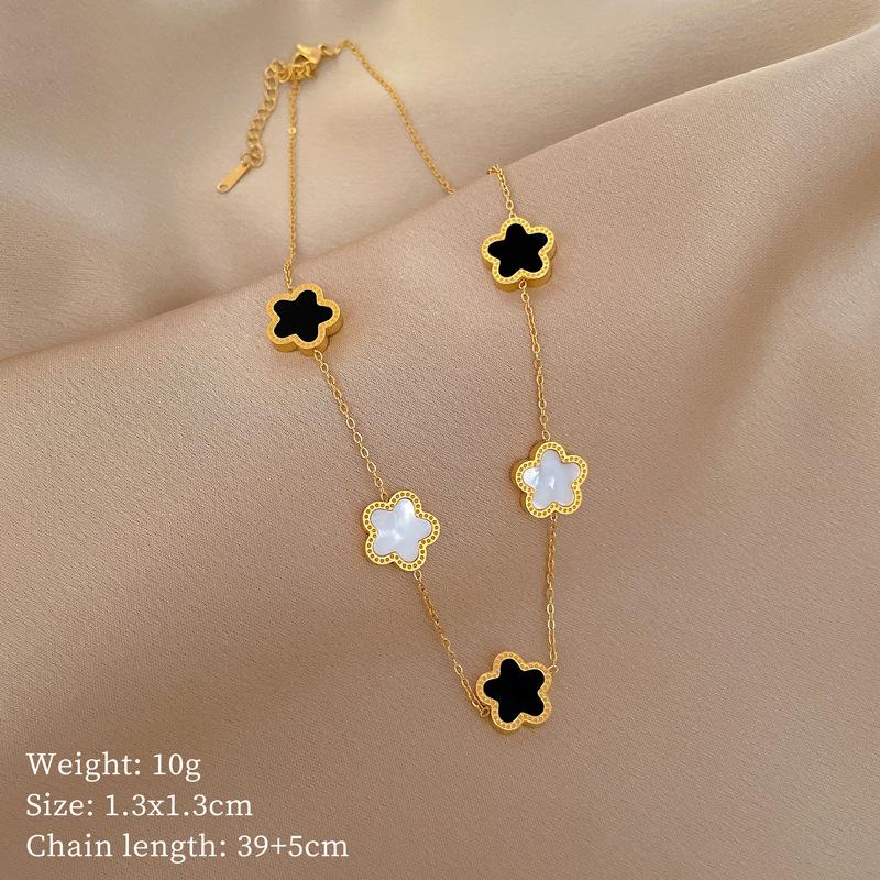 Five-Leaf Flower Double-Sided Personalized Minimalist Wind Furnace Real Gold Necklace Female Collarbone Chain