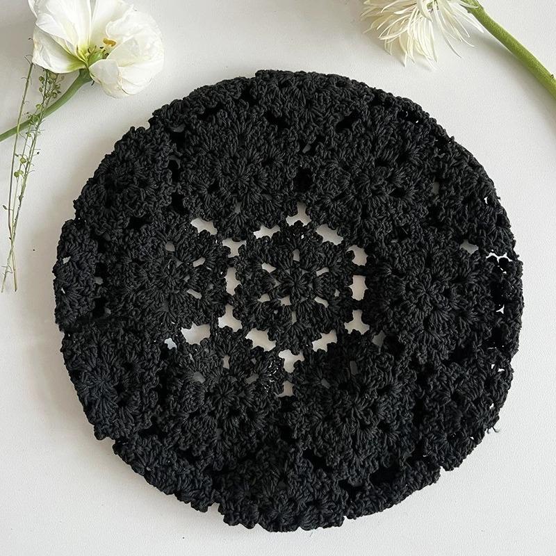Vintage Hollow Flower Beret Female Summer And Autumn Literary And Artistic Face Small Bud Painter Hat Versatile Big Head Circumference Hat Tide