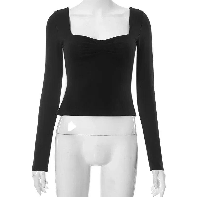 Autumn Y2K T-Shirts Solid Square Neck Long Sleeve Side Split Top Womens T-shirt For Women Streetwear Clothes 29669