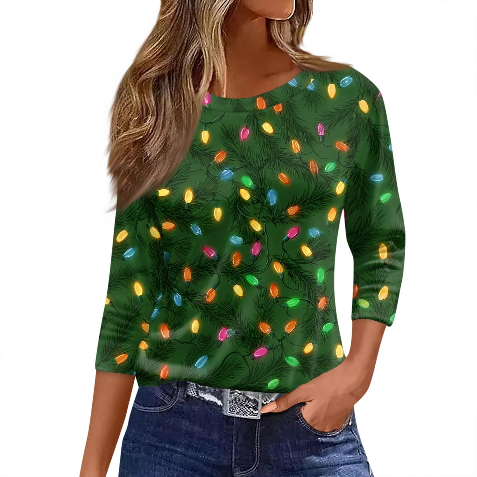 

Женская футболка с рождественским принтом, рукав 3/4, повседневная, модная, на выходные, базовая, с круглым вырезом, стандартный топ L