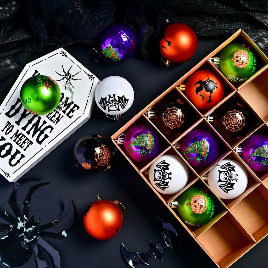 Dark Skeleton Pumpkin Ball Set 6cm - Halloween Painted Electroplated Ornaments for Party Tree Hanging Porch Decor