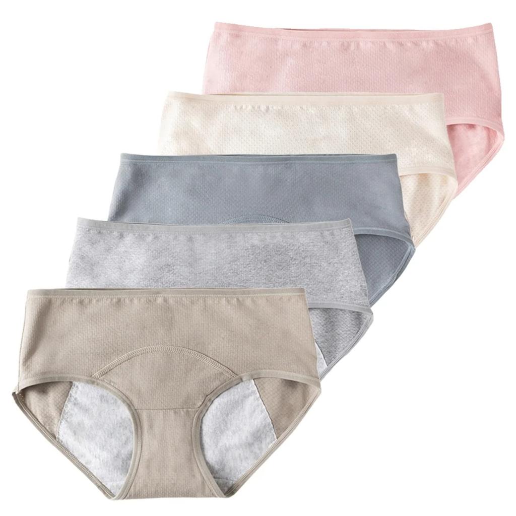 5 Pack Women's Cotton Leakproof Period Panties Middle Waist Comfortable Underwear Army Green Beige Blue Dark Grey Pink