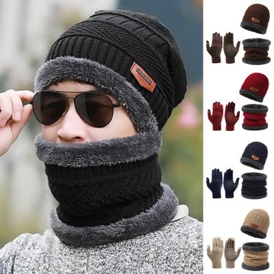 1 Set Men Winter Hat Scarf Gloves Set Thick Knitted Soft Warm Elastic Colorful Ear Protection Five Fingers Windproof Winter Outdoor Cycling