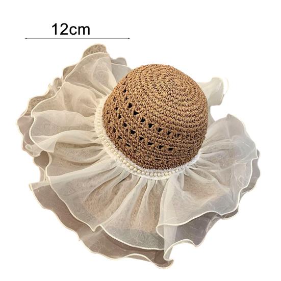 Women Straw Hat Wide Brim Breathable Straw Weaving Hat with Colorful Beads Decor Flexible Edges Sun Hat