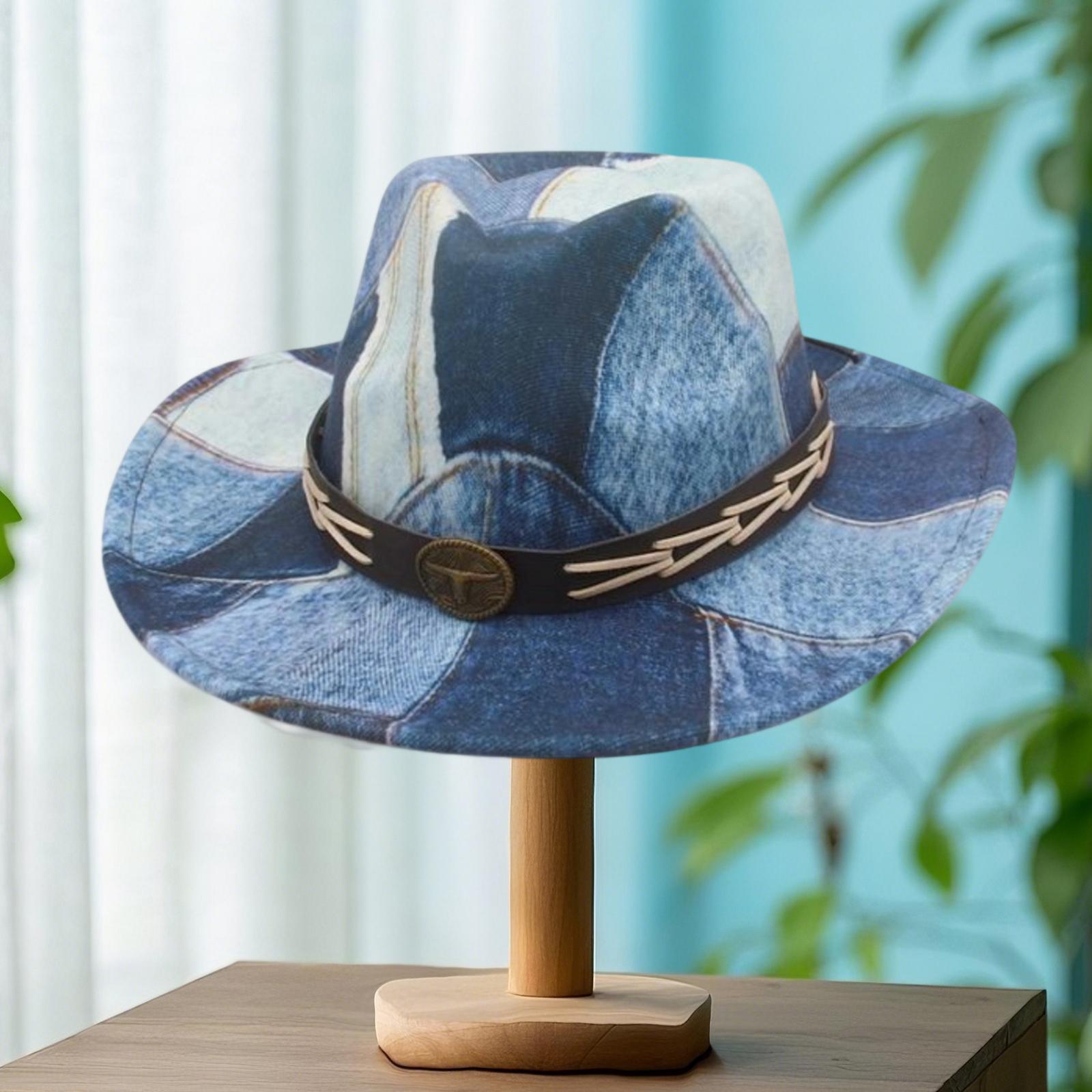 Zealous Sole Women's Jean Print Cowgirl Hat For Men Stylish Leather Belt Wide Brim Western Caps For Party, Wedding Outdoor Panama Jazz Hats Cm
