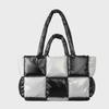 Women's Lightweight Black and White Checkered Tote – Soft, Down-Filled Shoulder Bag