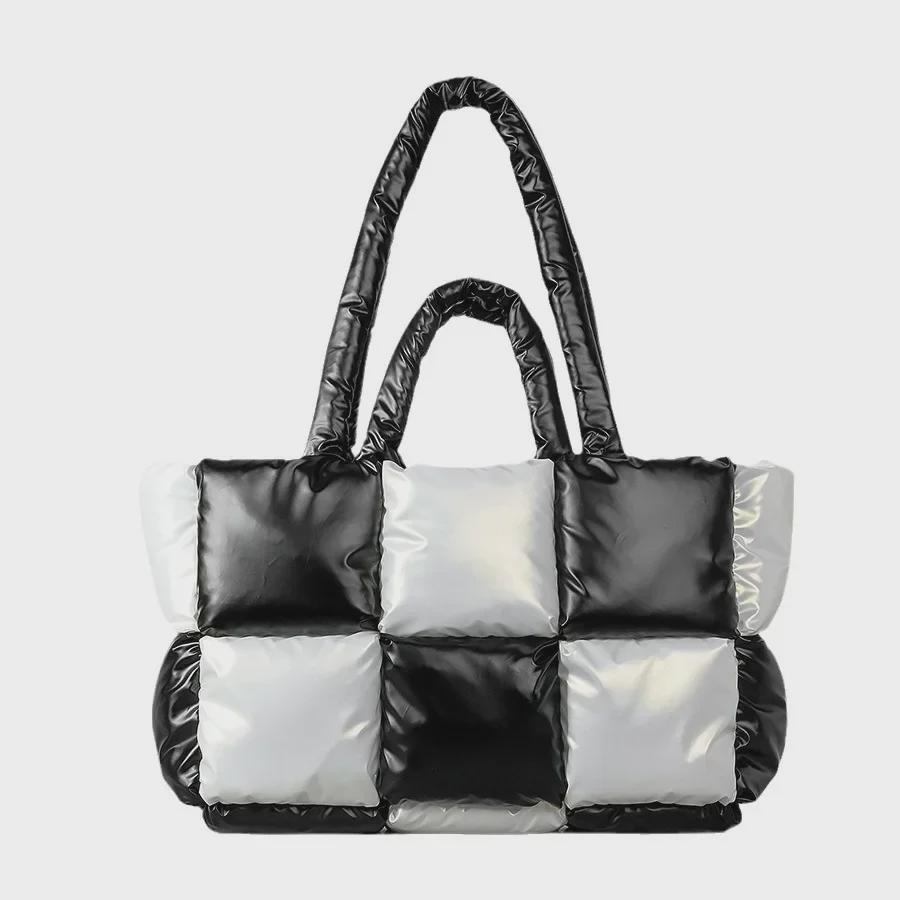Women's Lightweight Black and White Checkered Tote – Soft, Down-Filled Shoulder Bag