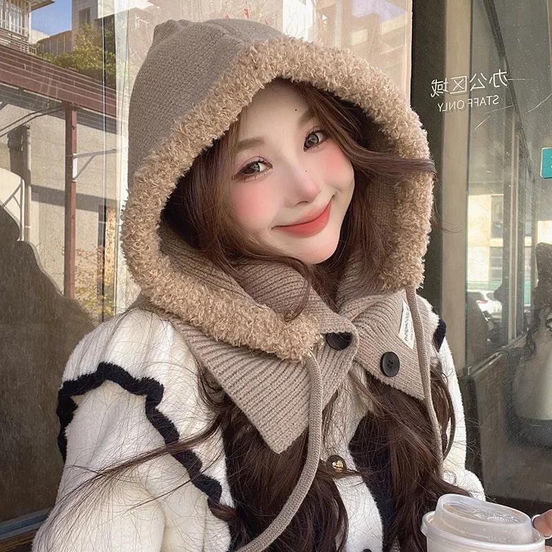 Balaclava Plush Patchwork Button Hood Scarf  Hats for Women One Autumn and Winter Neck Guard Lace-up Lazy Knitted Hat  Beanie