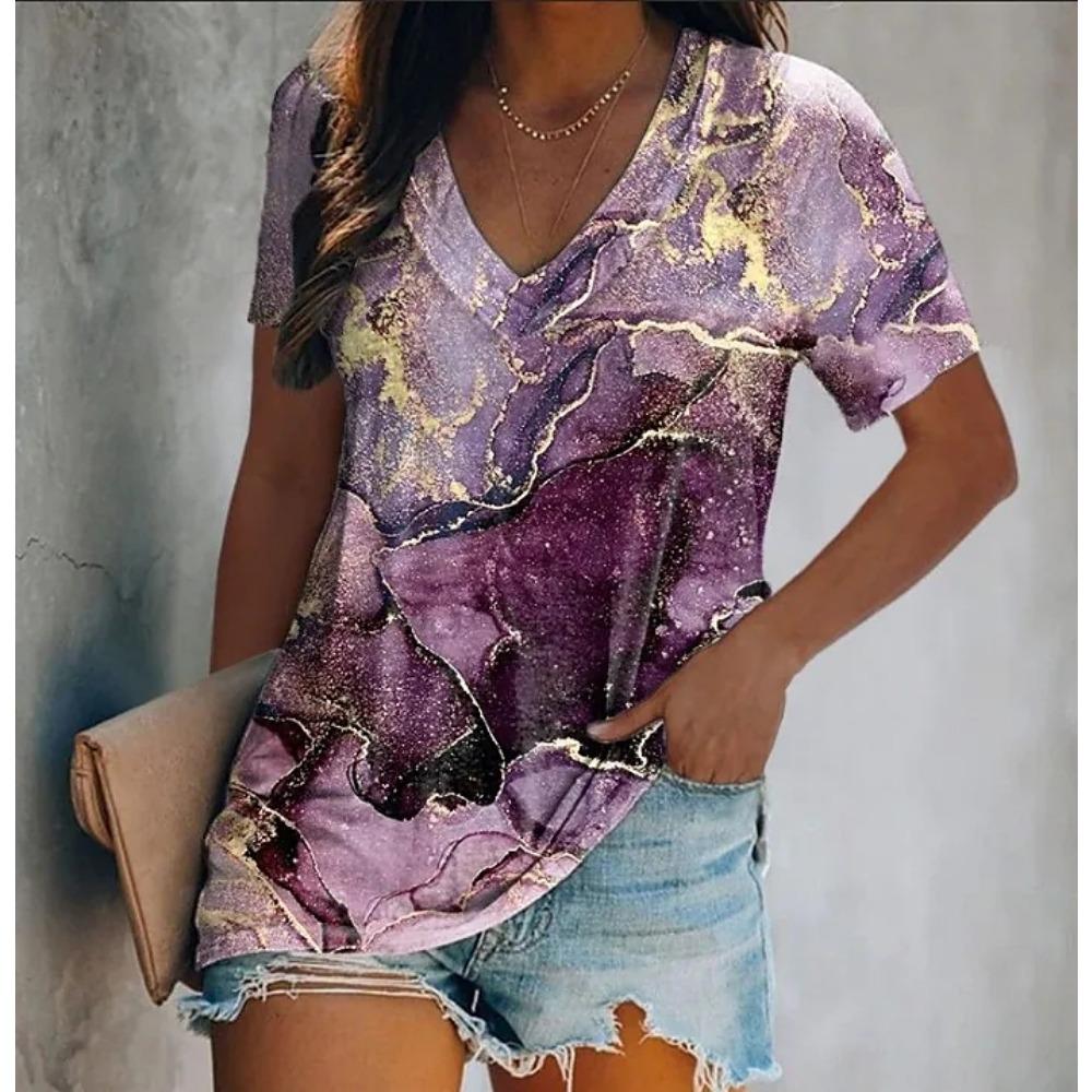 Women's Luxury T-shirt 3d Butterfly Print Short-sleeved V-neck Top Summer Fashion Casual Gradient Oversized Pullover