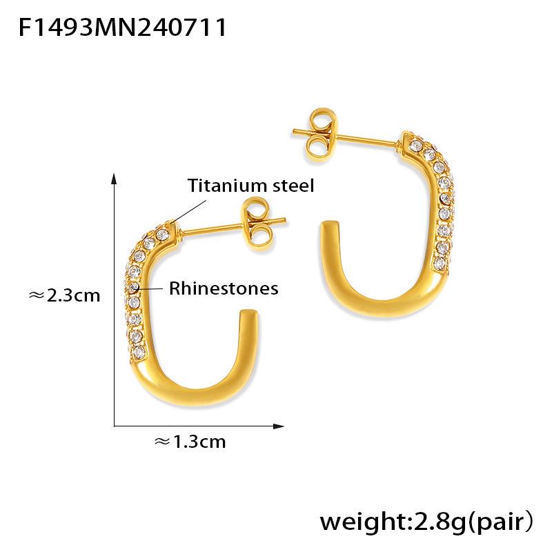 Gold Diamond Inlaid C-shaped Stud Earrings | European  American Style | Titanium Steel with 18K Gold Plating | Light Luxury Fashion Design