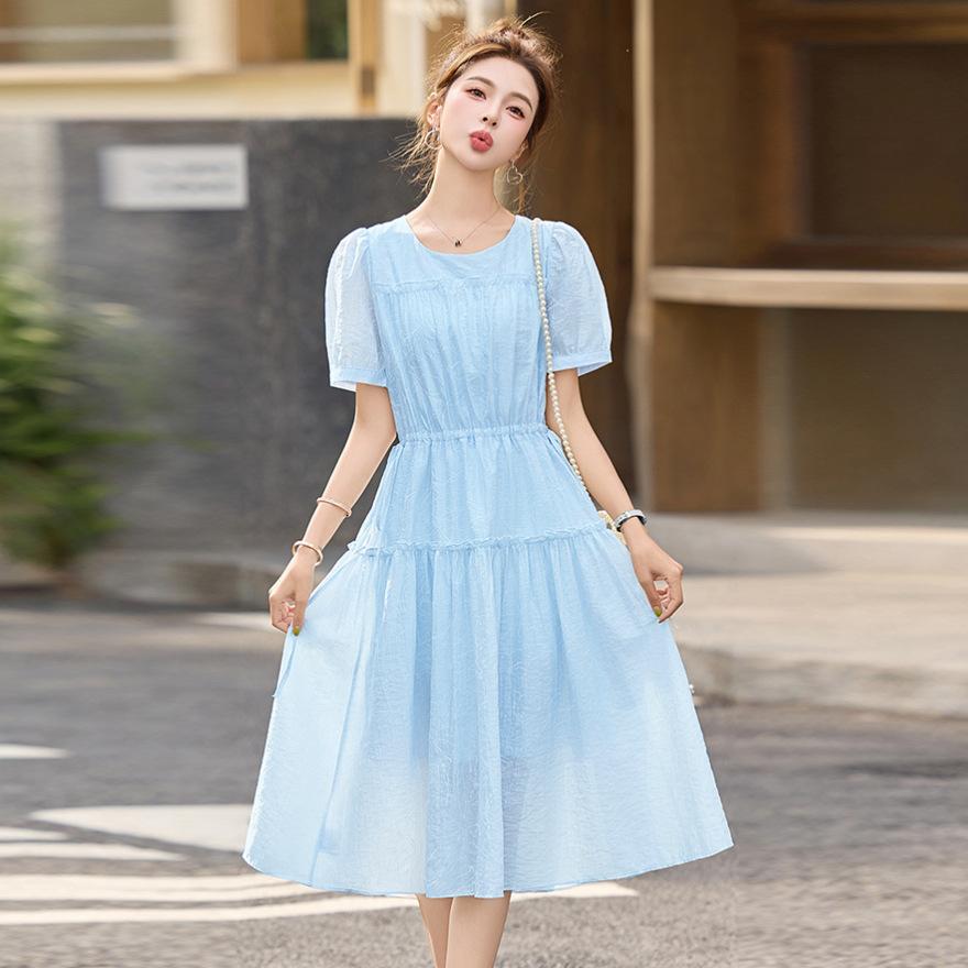 Summer new design sense elegant temperament round neck wooden ear edge fresh waist dress women