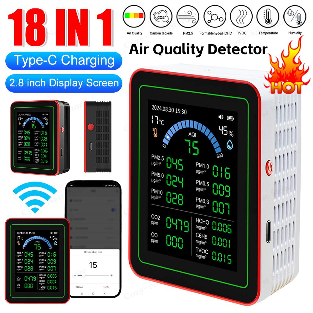 18 In 1 Air Quality Monitor with CO2 Monitor/HCHO/TVOC/Temperature/Humidity TFT Display Air Quality Meter for Home Office School