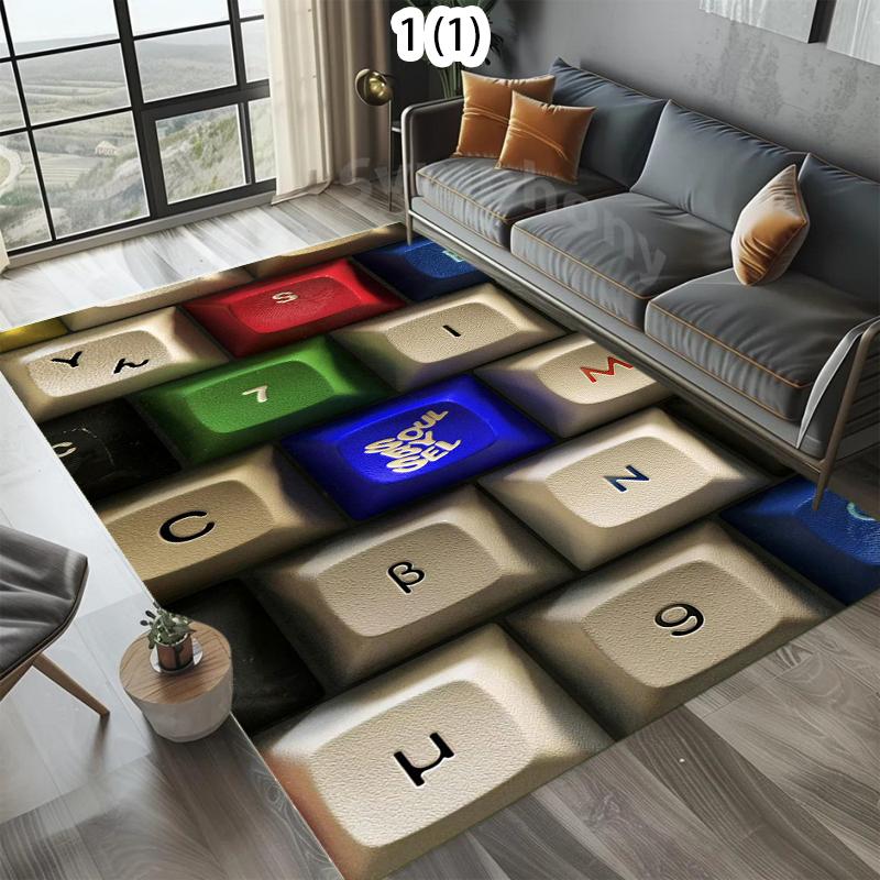 Area Rug Non-Slip 2D Keyboard Keycap Pattern Carpet Colorful Gaming Decor for Bedroom Game Room Office Washable Soft Floormat
