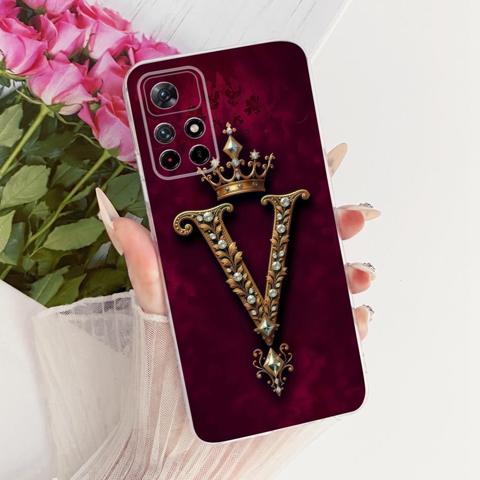 For Xiaomi Poco M4 Pro 5G Case Transparent Luxury Crown A-Z Letters 2D Flat Pattern Soft Phone Case 21091116AG MZB0BGVIN